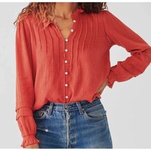 Faherty Willa Blouse Carmine Red Organic Cotton Ruffle Pintuck Shirt Boho M